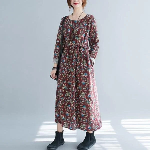 Style Floral Print Loose Ladies A-line Casual Dresses