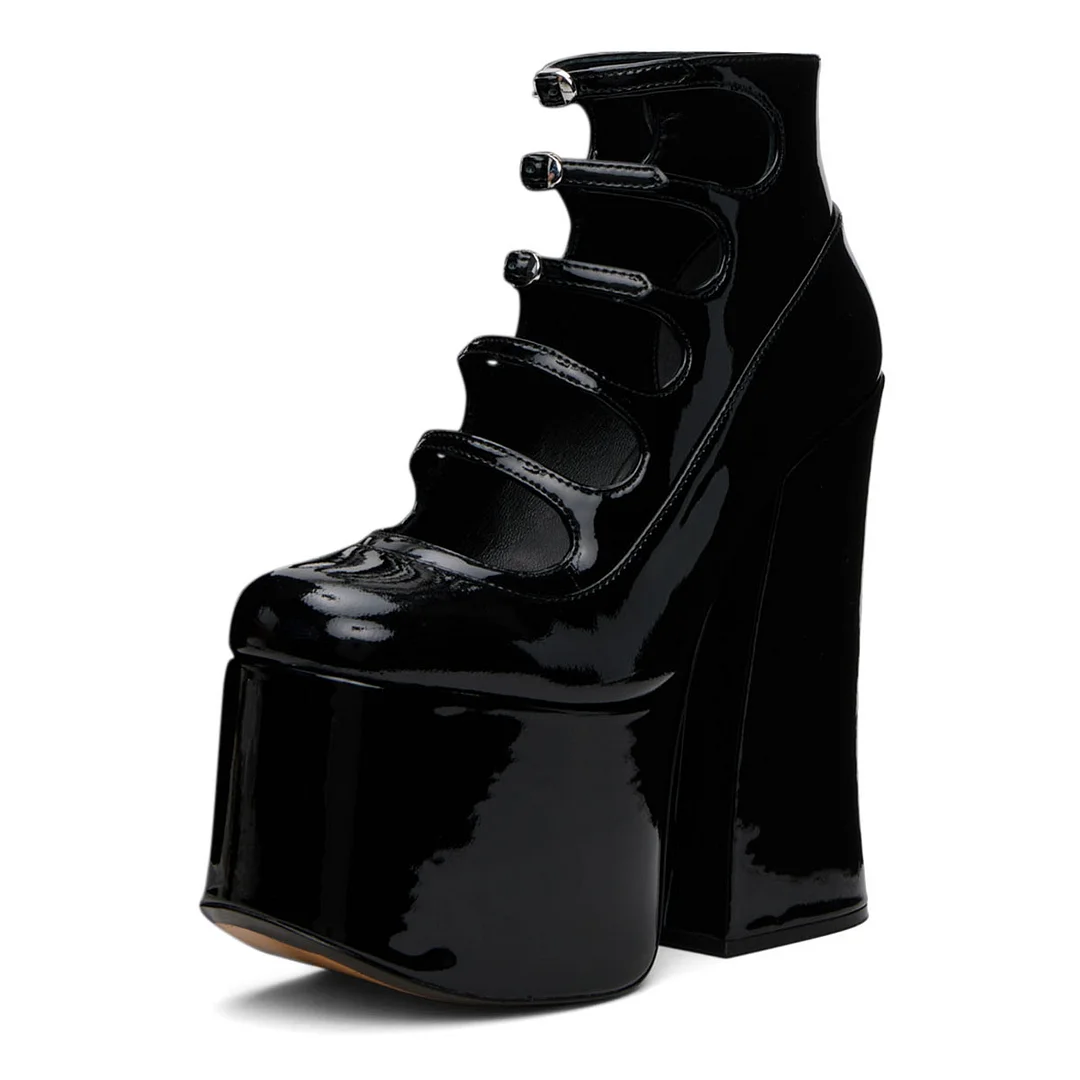 Patent Leather Buckle Strap Round Toe Black Platform Heels