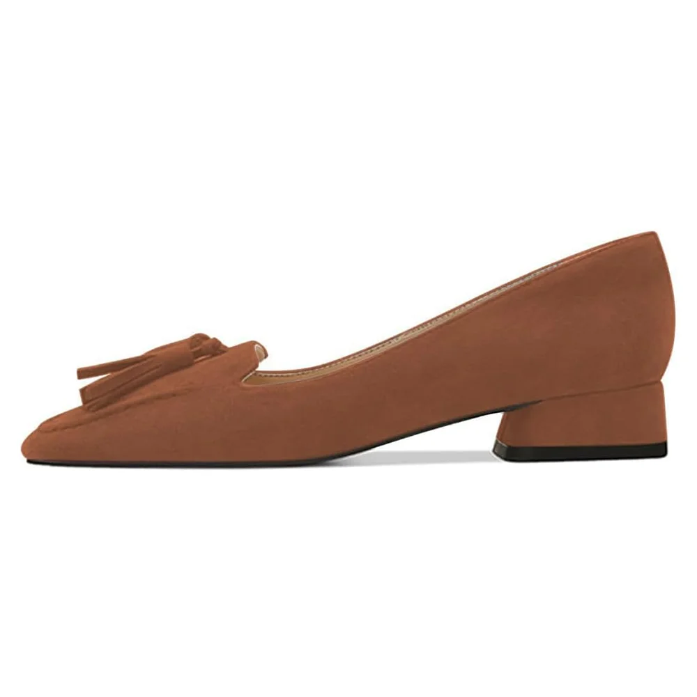 Brown Faux Suede Square Toe Loafer Low Heel Pumps with Tassels
