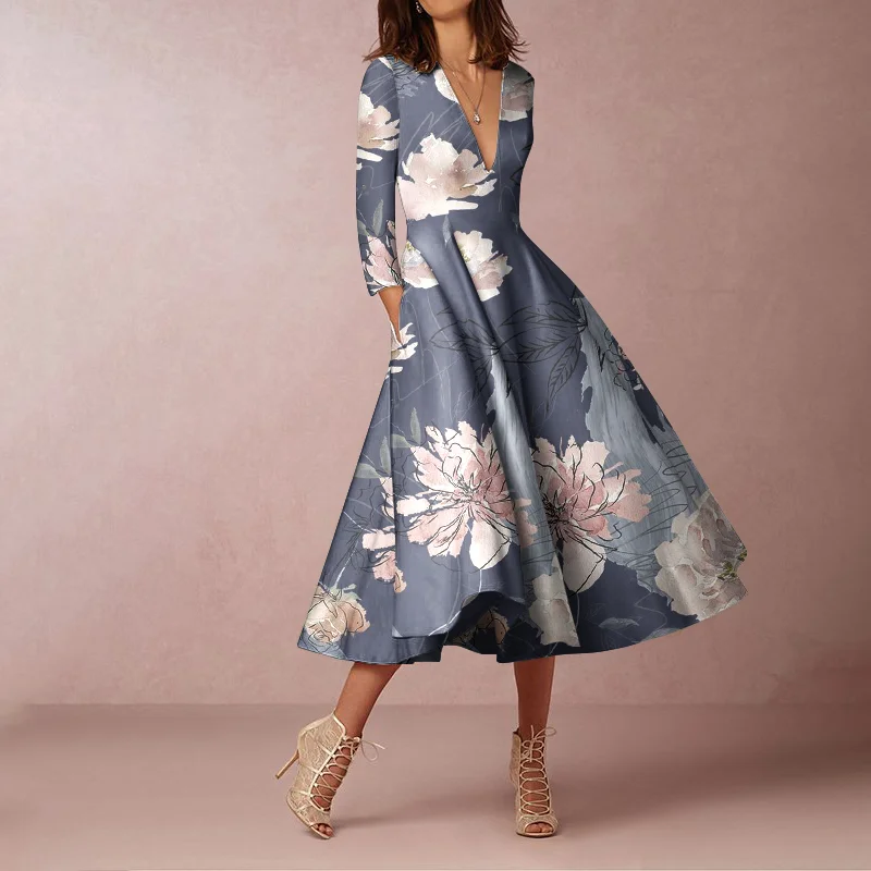 Trendy Floral Print V-Neck Pocket Midi Dress