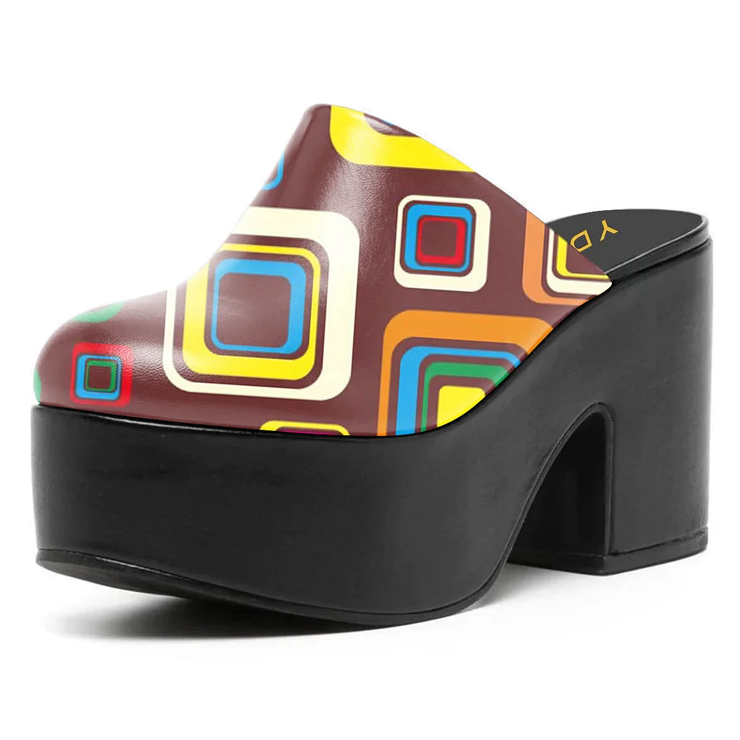 Multicolor Square Print Round Toe Platform Mule Shoes for Women