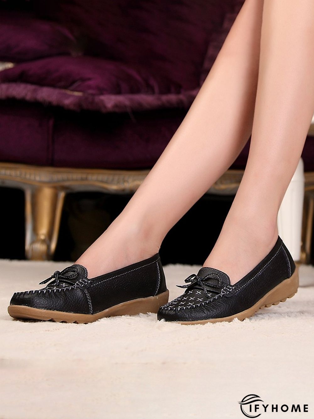 Bow Decor Moccasin Comfy Sole Flat Peas Shoes | IFYHOME