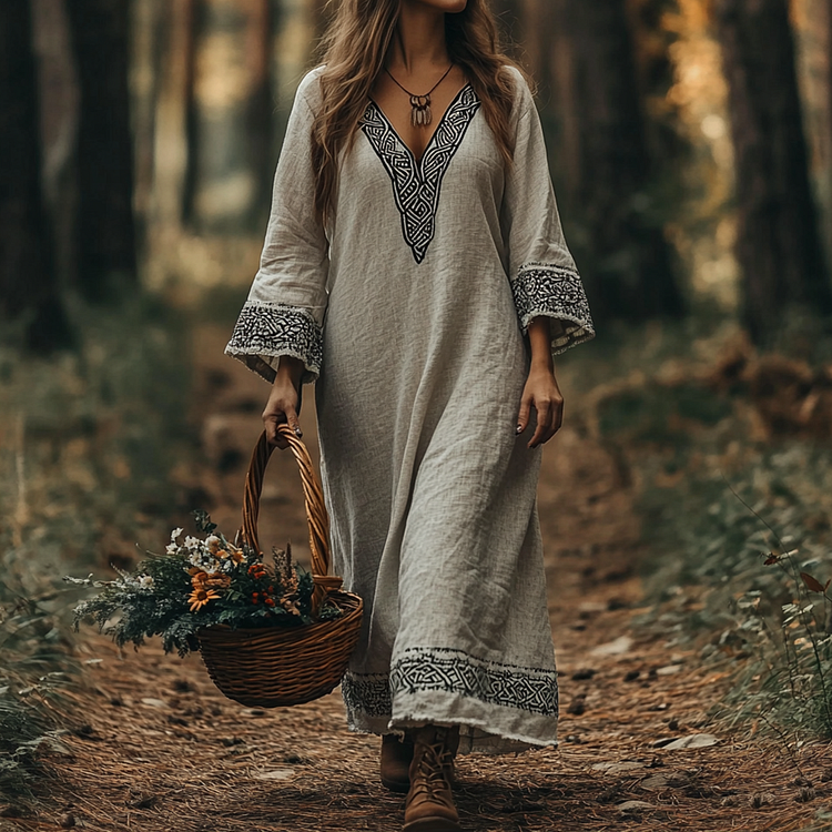 VChics Vintage Viking Celtic Cotton Linen Crew Neck Mixi Dress