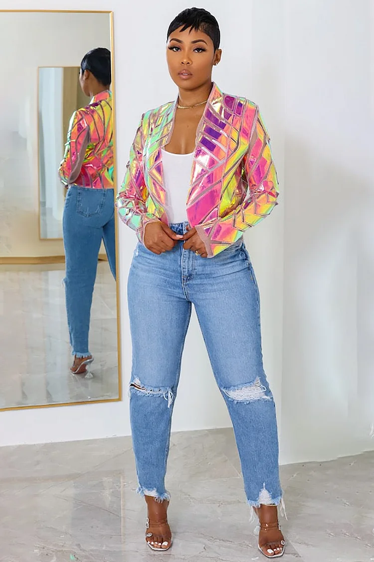 Sequin Patchwork Long Sleeve Birthday Party Crop Blazer 