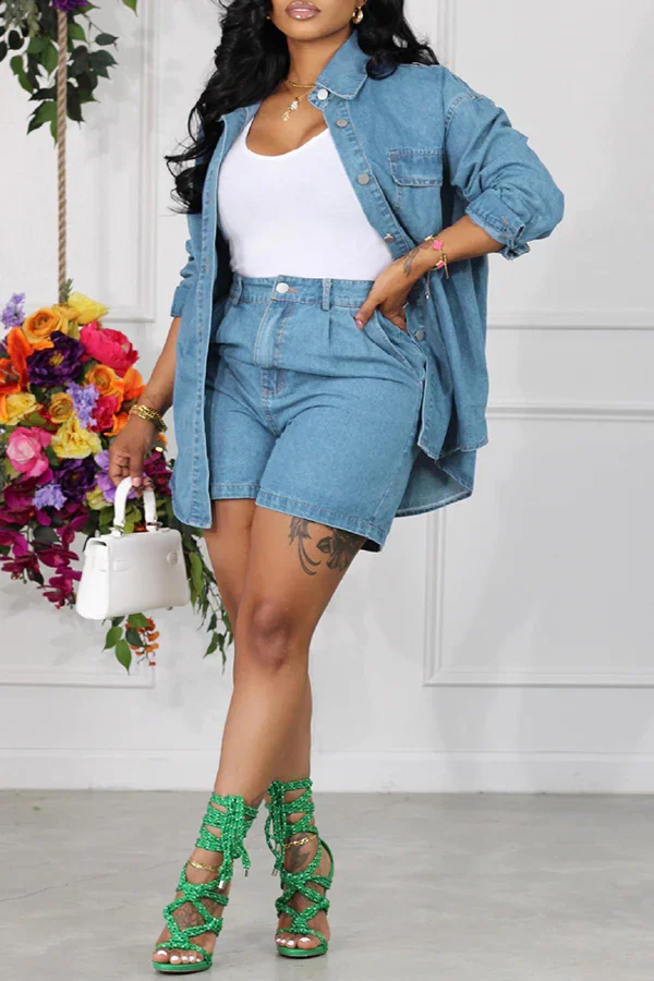 Casual Denim Jacket Shorts Two-Piece Set