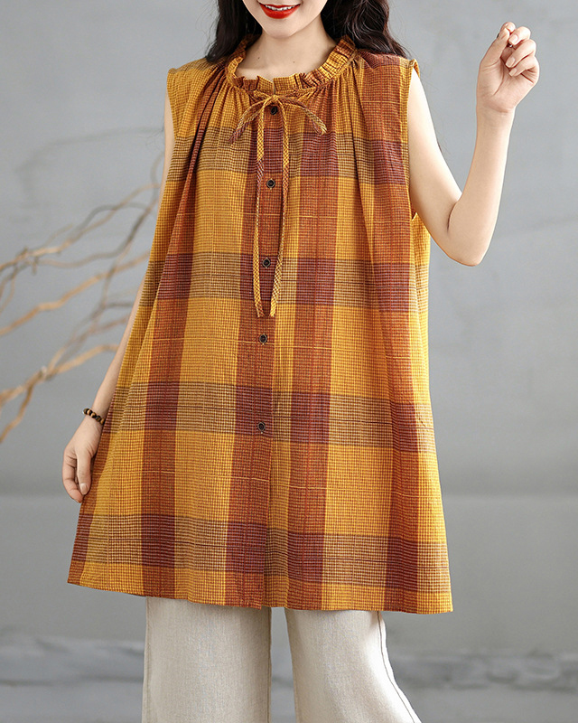Plaid Pattern Ruffled Neckline Loose A-Line Sleeveless Top