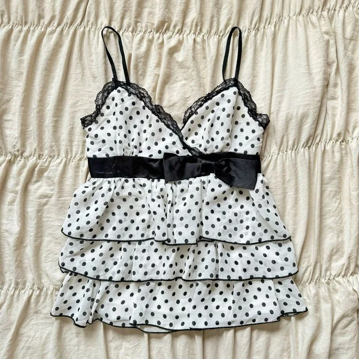 Aonga Sweet Girl Camis Lace Korea Kawaii Loose Polka Dot Sexy Bow Harajuku Women Clothing Aesthetic Tank Top Femme Grunge Y2k Crop Top aonga