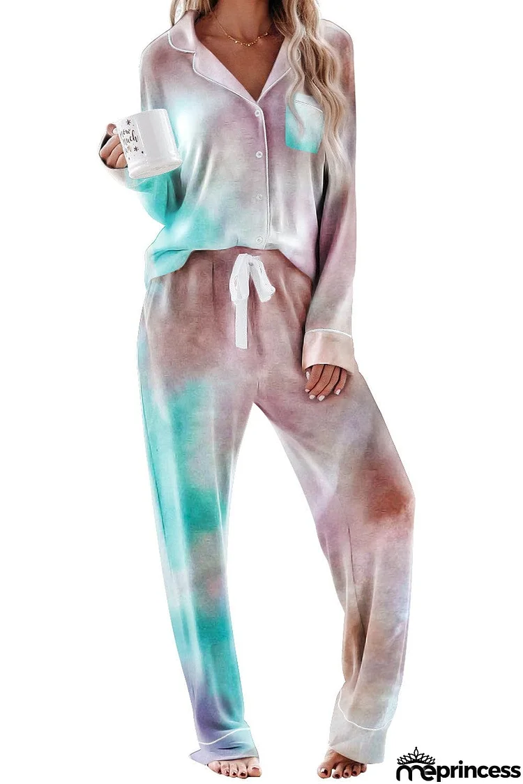 Multicolor Tie-dye Long Sleeve Shirt with Pants Lounge Set