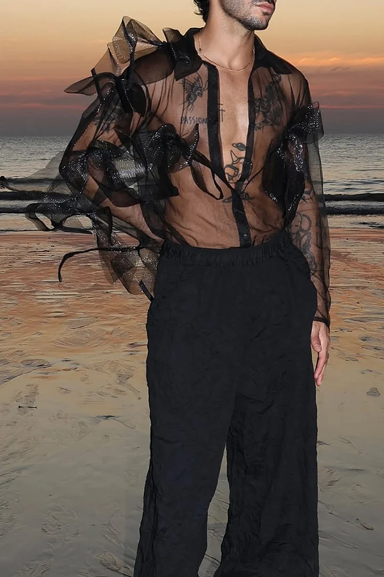 Men's Mesh See Through Bow Long Sleeve Black Shirt [Pre-Order]