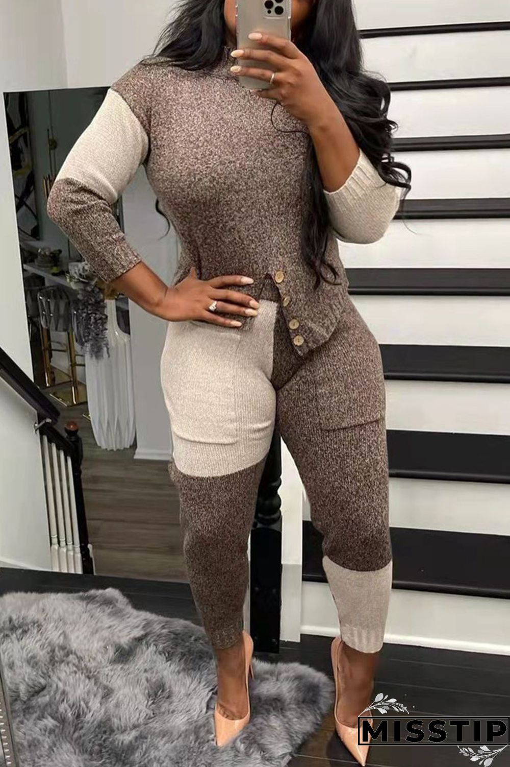 Black Fashion Casual Patchwork Asymmetrical O Neck Long Sleeve Two Pieces