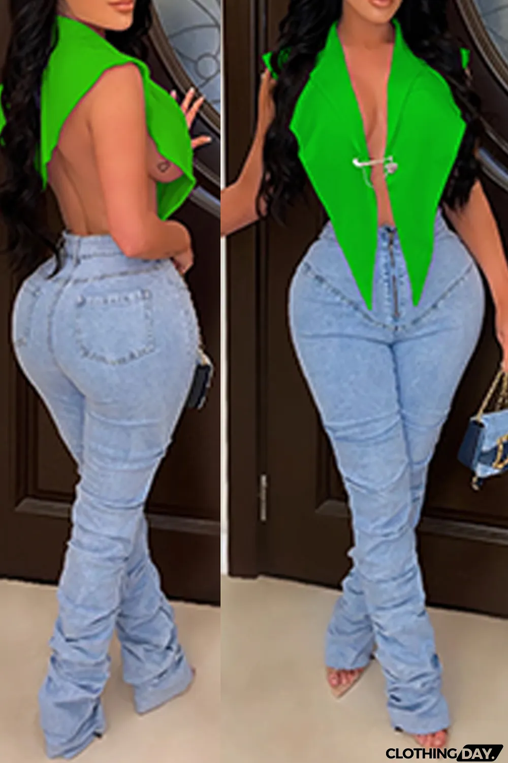 White Sexy Solid Split Joint Turndown Collar Tops (With a brooch)