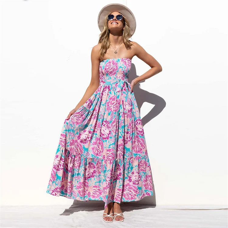 New Printed Beach Boho Fashion Off Shoulder Sexy Bandeau Vacation Dress