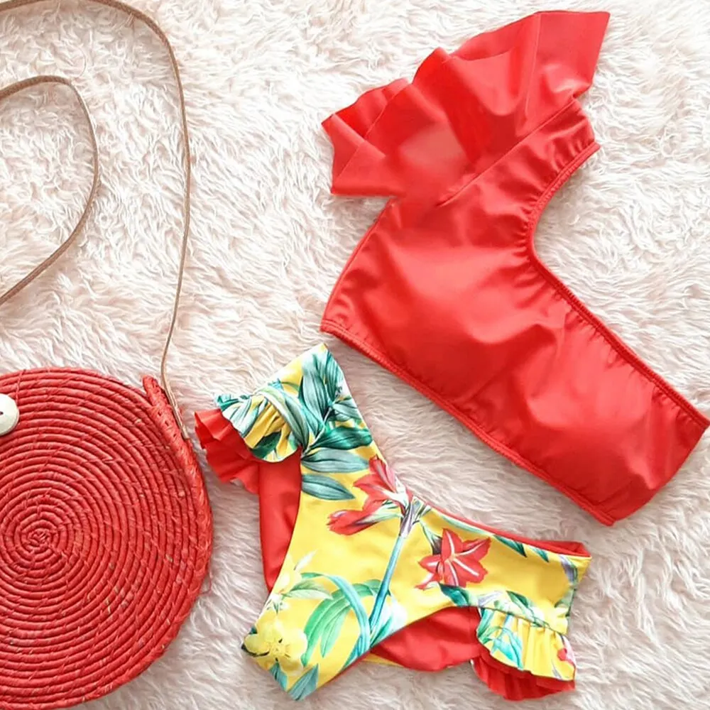 2021 New Two-Pieces Women Floral Push-up Padded Bra Ruffles Bandage Bikini Set Swimsuit Swimwear Bathing Suit Beachwear Biquini
