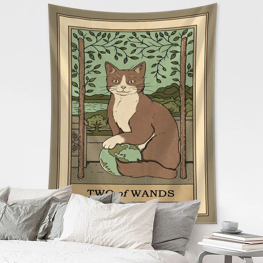 Cartoon Cat Tarot Tapestry Wall Hanging Mysterious Psychedelic Witchcraft Tapiz Hippie Kawaii Home Decor