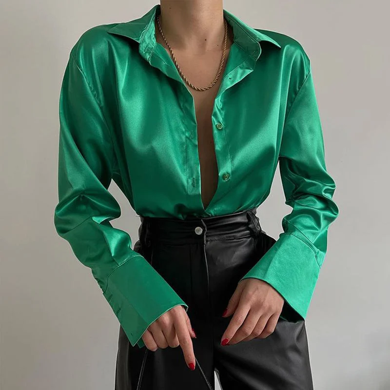 Back to school  Women 2022 Elegant Satin Solid Long Sleeve Blouses Female Chic Vintage Blue Green Casual Loose Buttons Shirts Oversize Top Tunic