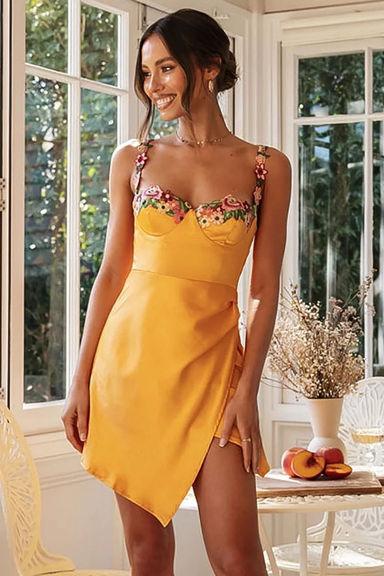 Floral Trim Bustier Spaghetti Strap Irregular Mini Dresses [Pre Order]