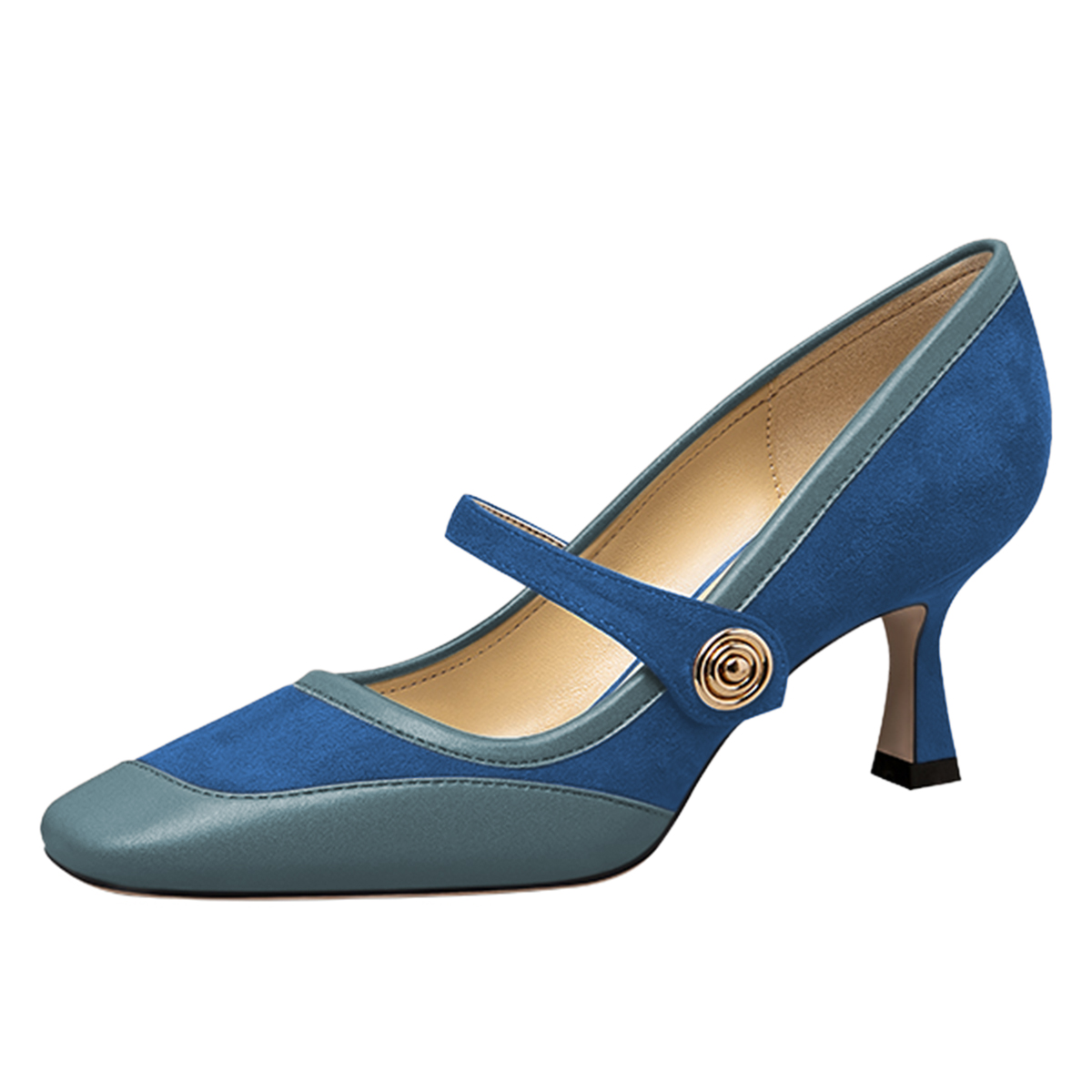 Blue Square Toe Kitten Heel Mary Jane Pumps with Buckled Strap Nicepairs