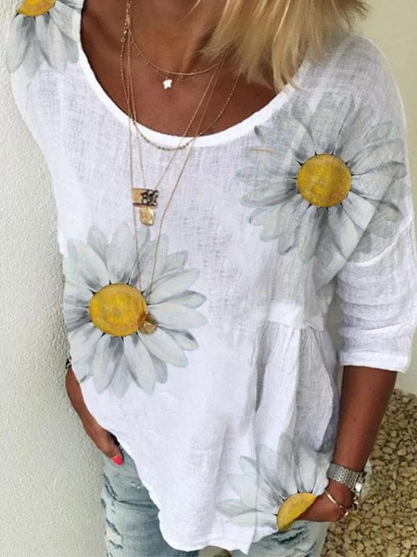 Women's Daisy Print Crew Neck Shirt-Mayoulove