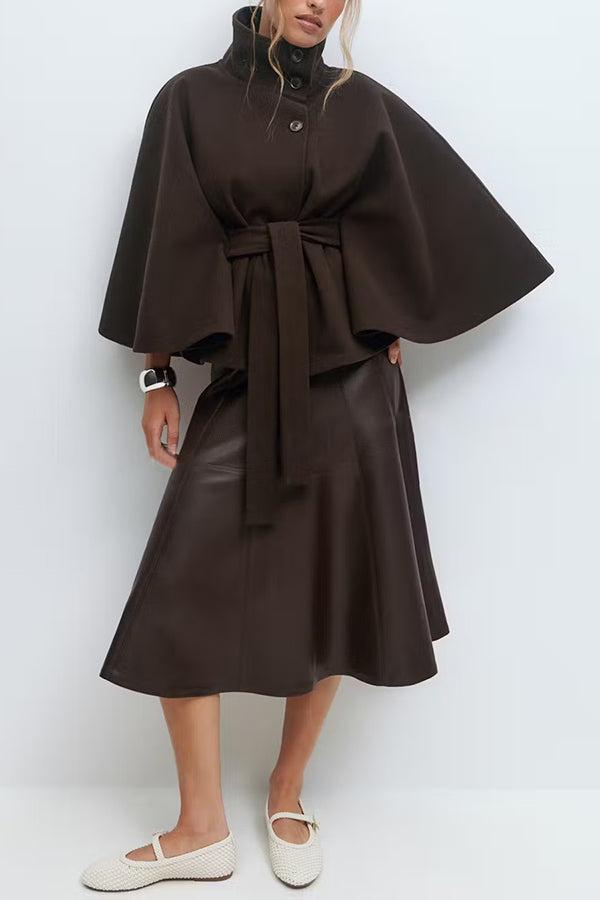 Women's Plain Front Buckle Belted Woolen Cape Coat, Casual Fall & Winter Outerwear, Stylish Daily Wear for Dating, Jackets