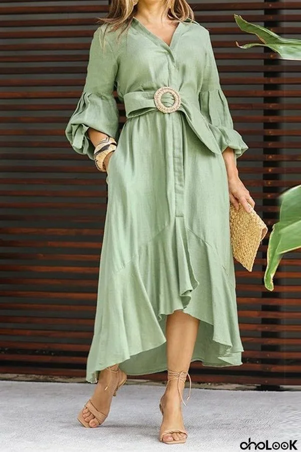 Full-Sleeve V Neck Belt Button Pocket Midi Dress
