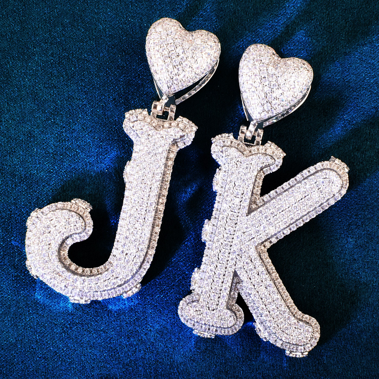 A-Z Heart Bail Double Layer Initials Letter Iced Out Pendant Necklace Hiphop Jewelry