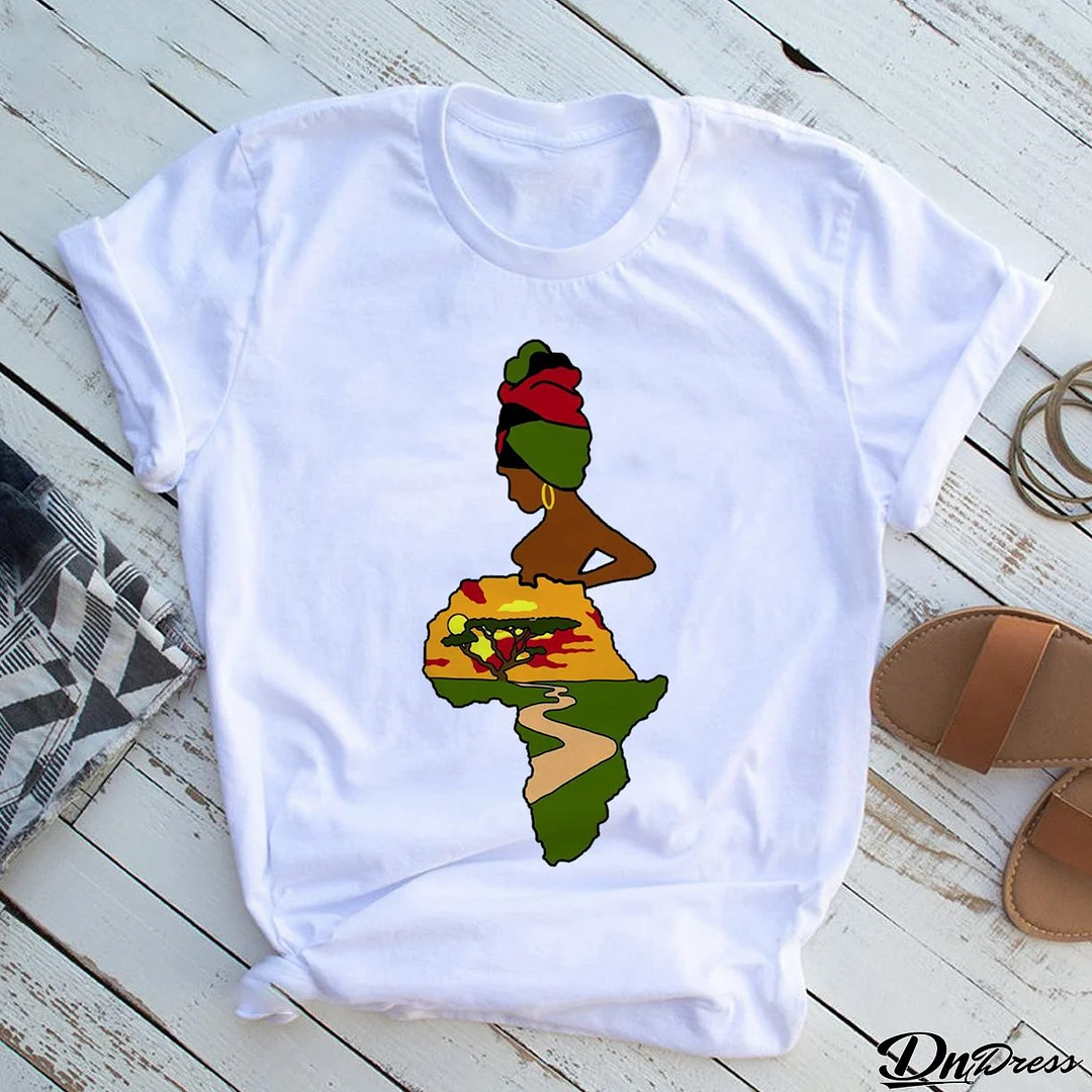 Africa Map Black Gir Printed T-Shirt Short Sleeve Women's Basic Top