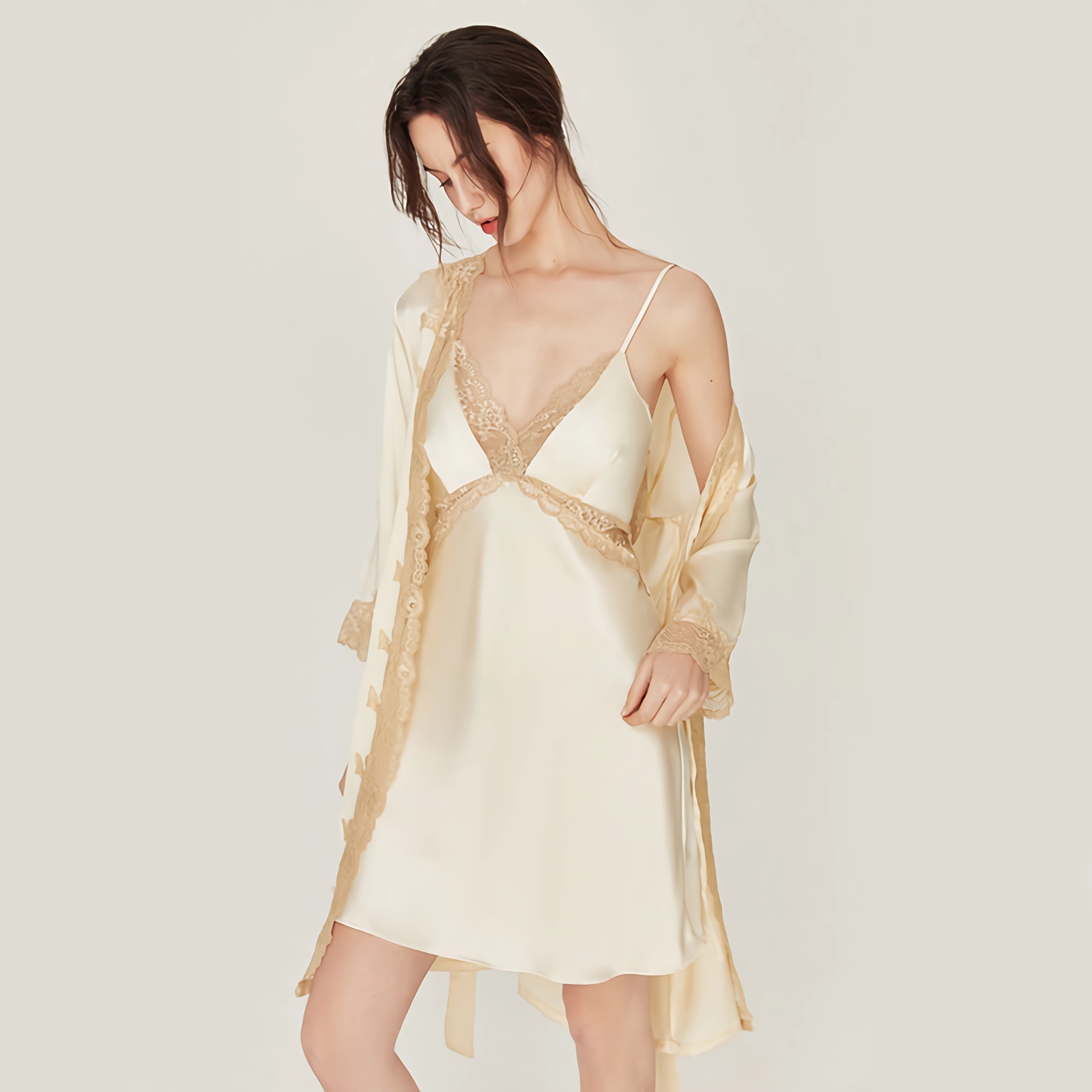 Backless Lace Silk Nightgown And Robe Set REAL SILK LIFE