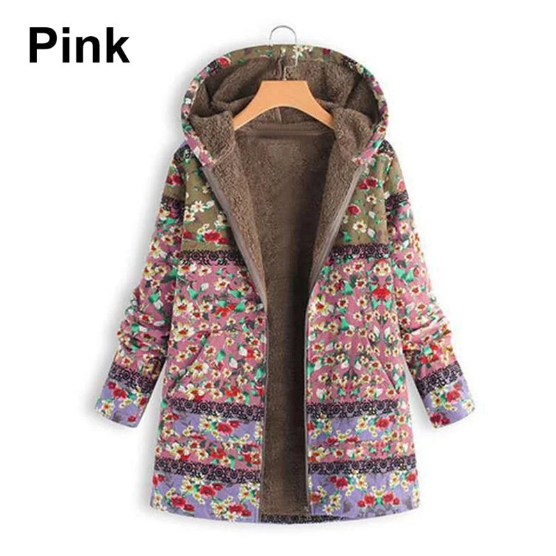 Women's Vintage Ethnic Coats Winter Printed Pockets Hooded Zipper Jackets Full Sleeve Casual Plus Size Plush Parkas Coats