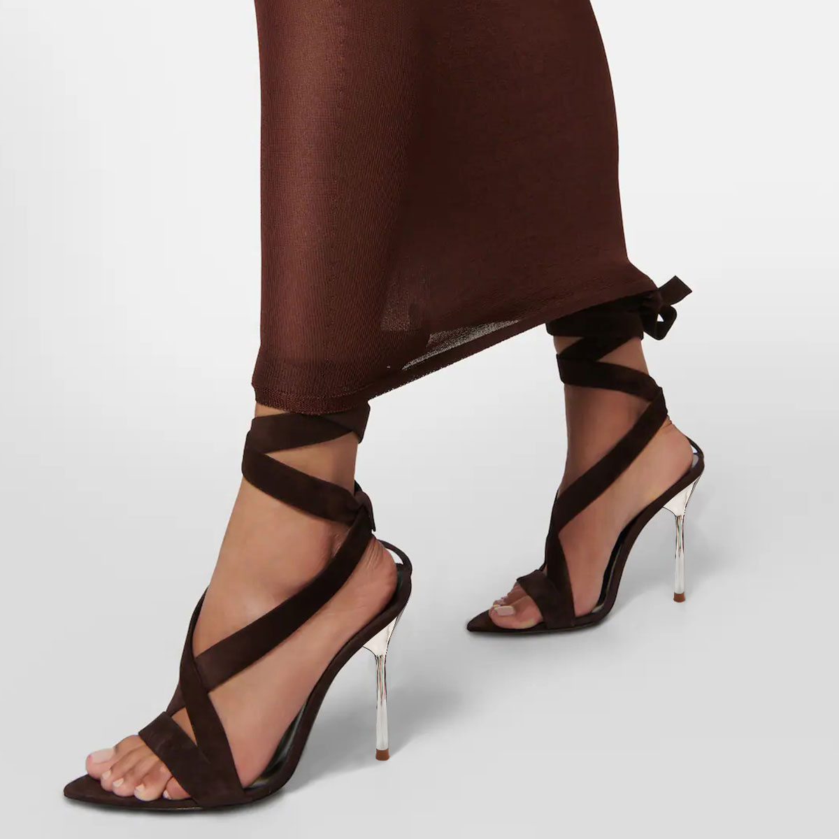 Brown Faux Suede Pointed Toe Stiletto Heel Lace Up Sandals Nicepairs