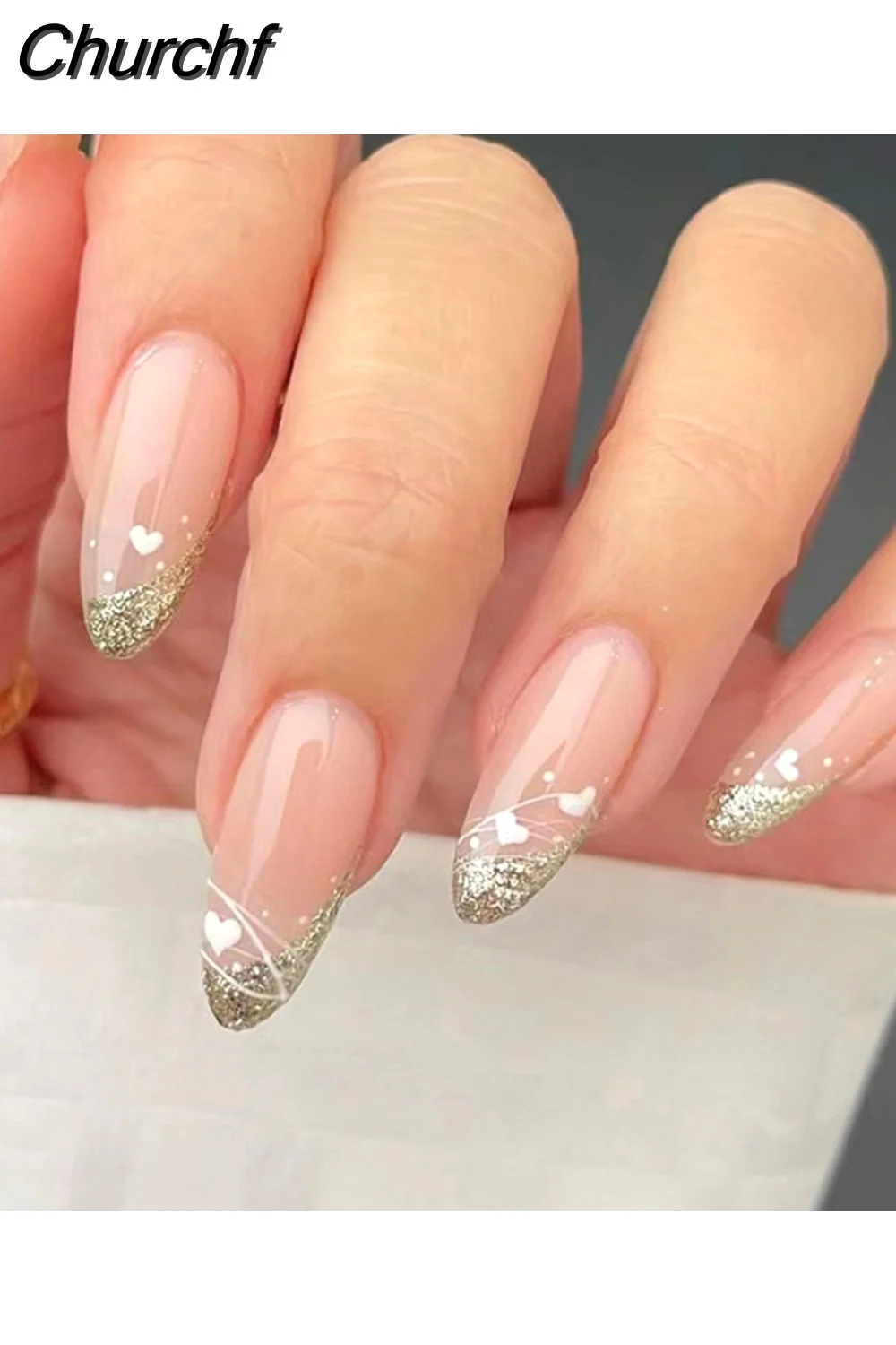 Churchf Almond False Nails Press On Nails Detachable Fake Nail Tip gold heart with Design Manicure Patches Press On Nails-Nail Inspo