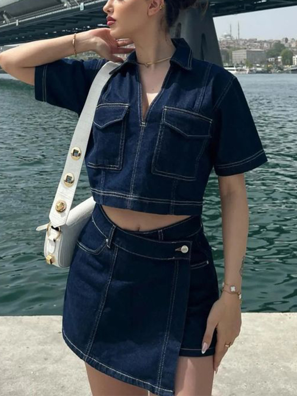 Short Sleeve Chest Pockets V Neck Jacket & Mini Skirt Set