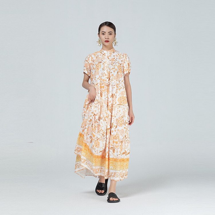 Classic Half Stand Collar Floral Printed Short Sleeve Dress 