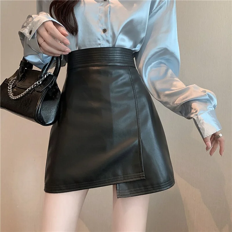 Spring Summer Pu Leather Skirt Women Casual High Waist Mini Skirt A Line Ladies Skirts Korean Fashion Street Wear New