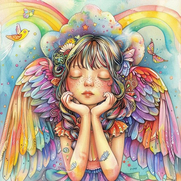 Colorful Feather Rainbow Angel Girl 30*30CM (Canvas) Full Round Drill Diamond Painting gbfke