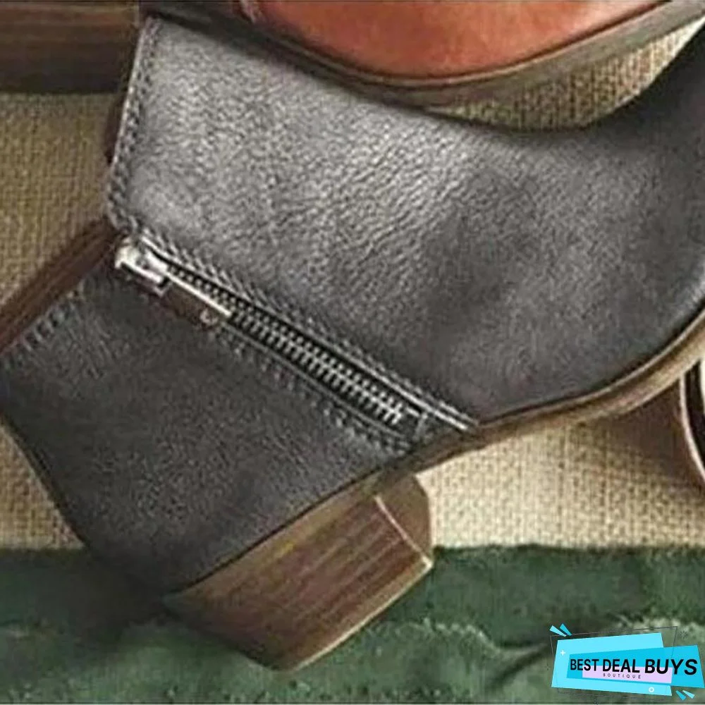 Women Side Zipper Round Toe Ankle Boots