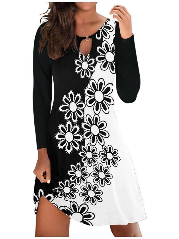 Women Long Sleeve Scoop Neck Printed Hollow Mini Dress