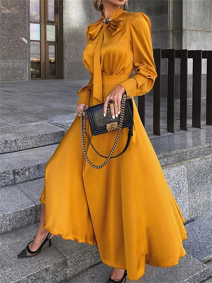 Spring and Autumn Solid Color New Large Swing Type Women's Long Section Long-sleeved Temperament Elegant Dress Women-Cosfine