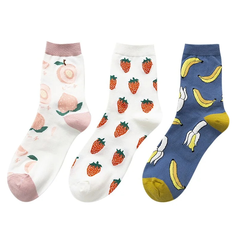 3 Pairs New Cartoon Fruit Cotton Socks Women Strawberry Avocado Lemon Korean Color Harajuku Warm Long Crew Socks Novelty 2020