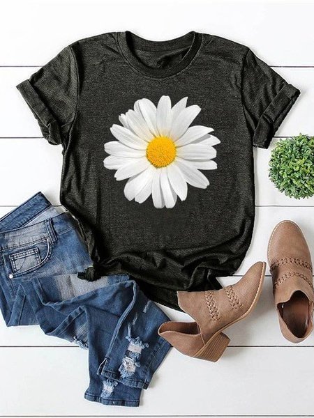 Short Sleeve Crew Neck Floral-print Casual Shirts & Tops