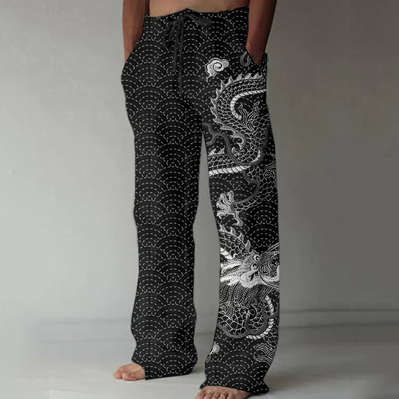 Vintage Dragon Japanese Sashiko Art Casual Linen Pants  artssus