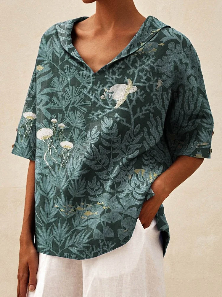 Women's Vintage Floral Turtle Art Print Casual Linen V-neck Shirt