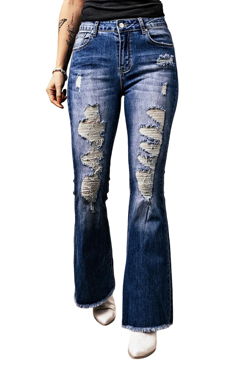 Sky Blue Distressed Raw Hem High Waist Flare Jeans