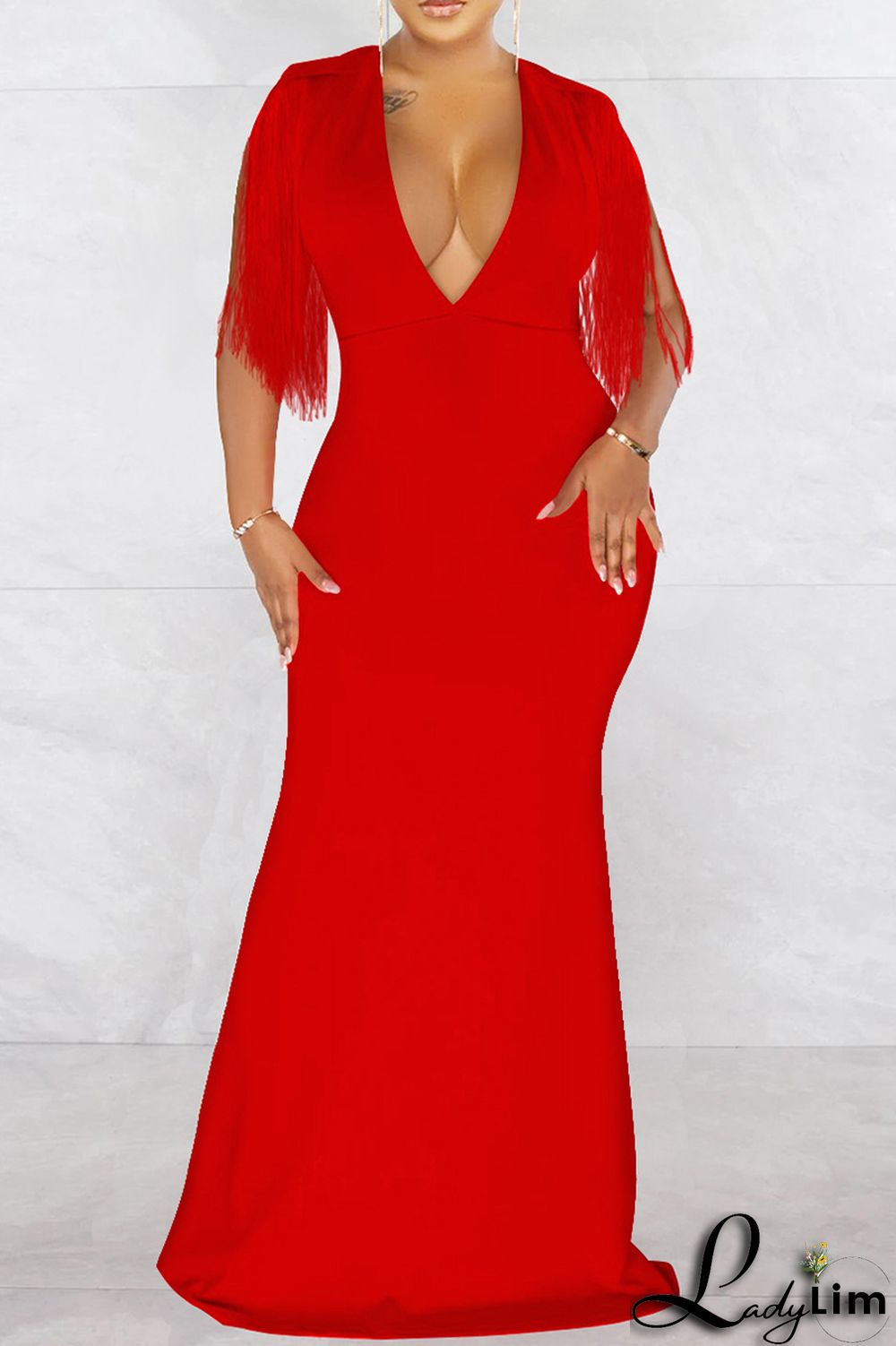 Red Fashion Sexy Solid Tassel Patchwork V Neck Long Dress