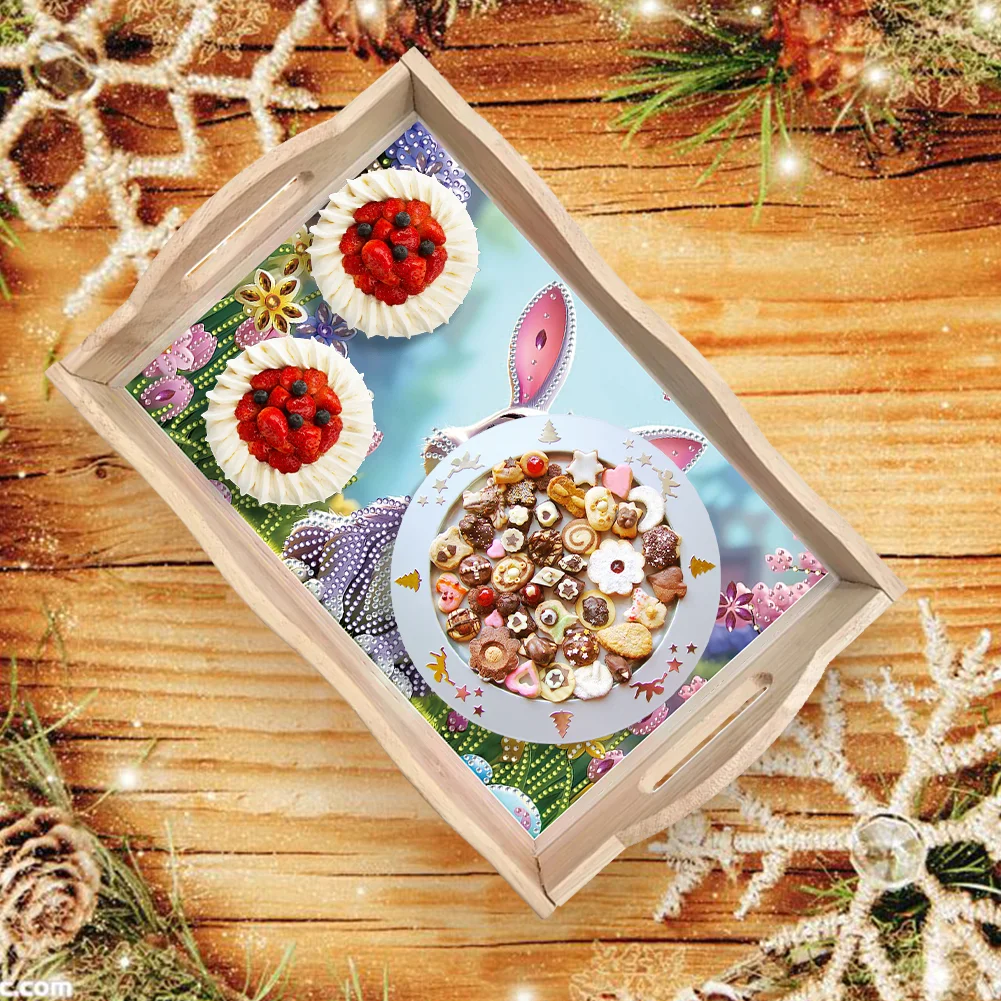 Wooden Garden Rabbit 5D DIY Diamond Painting Serving Tray for Home Decor