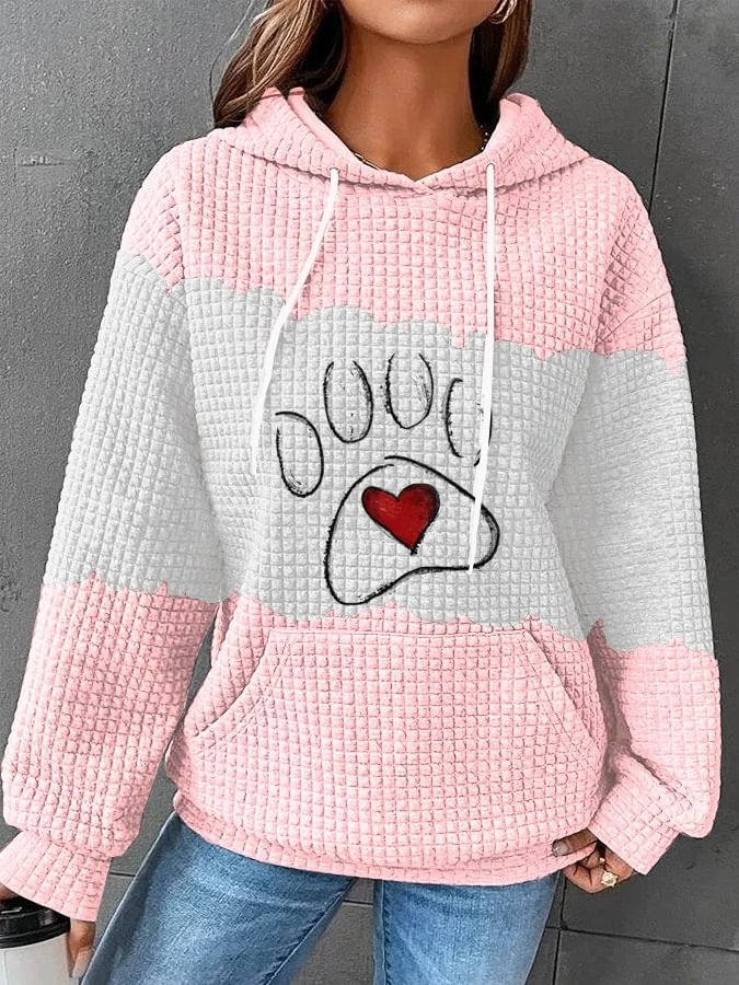 Women's Love Dog Paw Print Color Block Waffle Hoodie Drawstring Sweatshirt