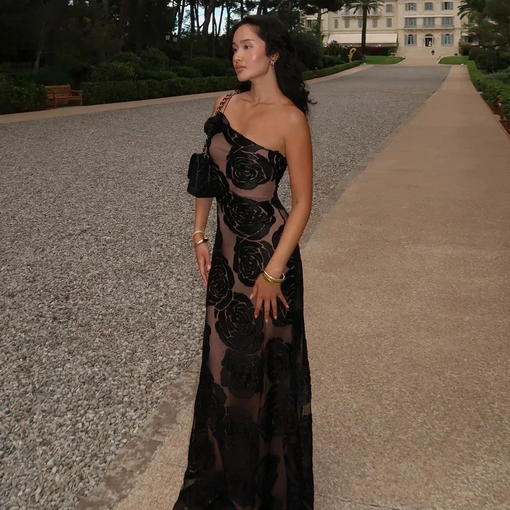 Women One Shoulder Elegant Sexy Mesh Bodycon Flower Wedding Guest Party Maxi Dresses