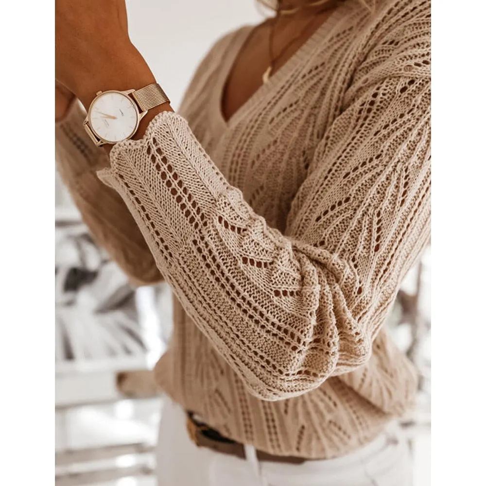 Women Casual Hollow Out Knitted Sweater Long Sleeve V neck Solid Loose-fitting High Street Warm Pullover 2021 Winter Sweater