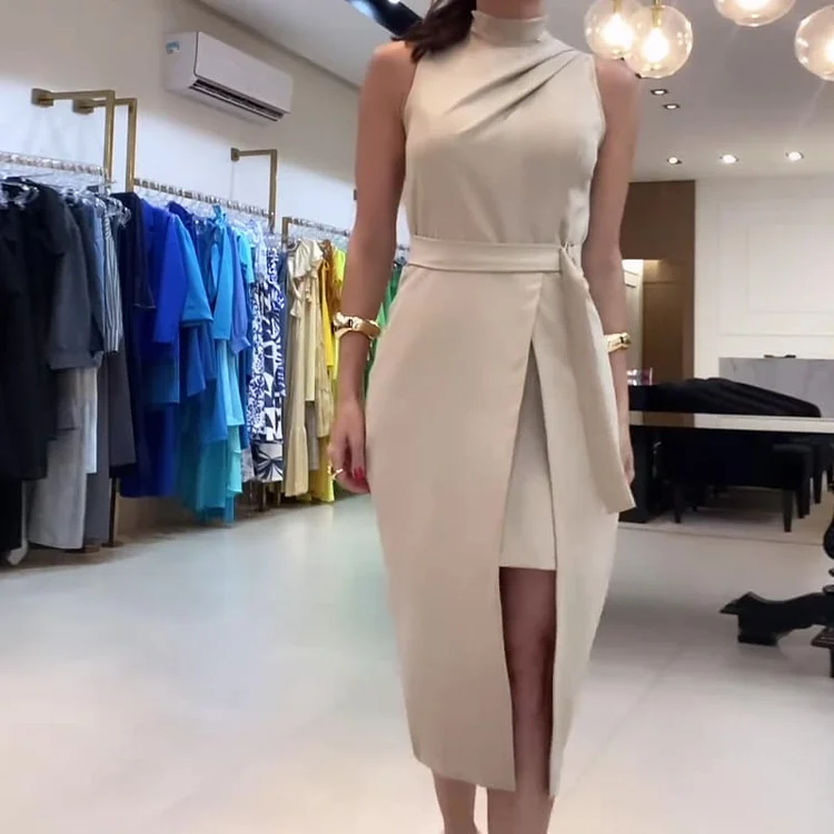 Sleeveless Ruffled High-Neck Split Midi Dress (Buy 2 Free Shipping)