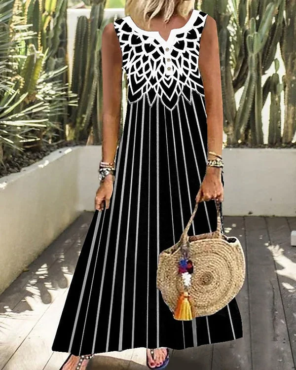 Casual Sleeveless Printed Button Long Dress