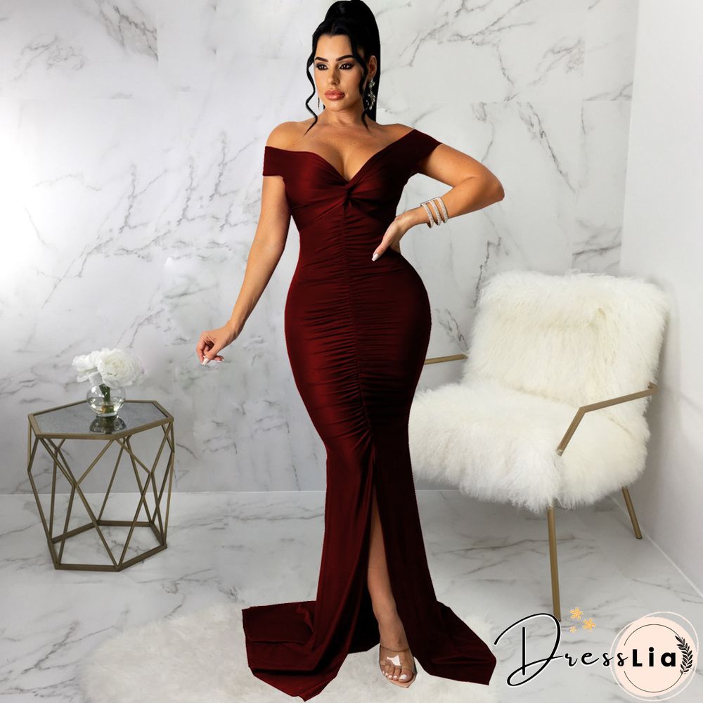 Low Cut Slash Neck Ruched Split Maxi Cocktail Dresses